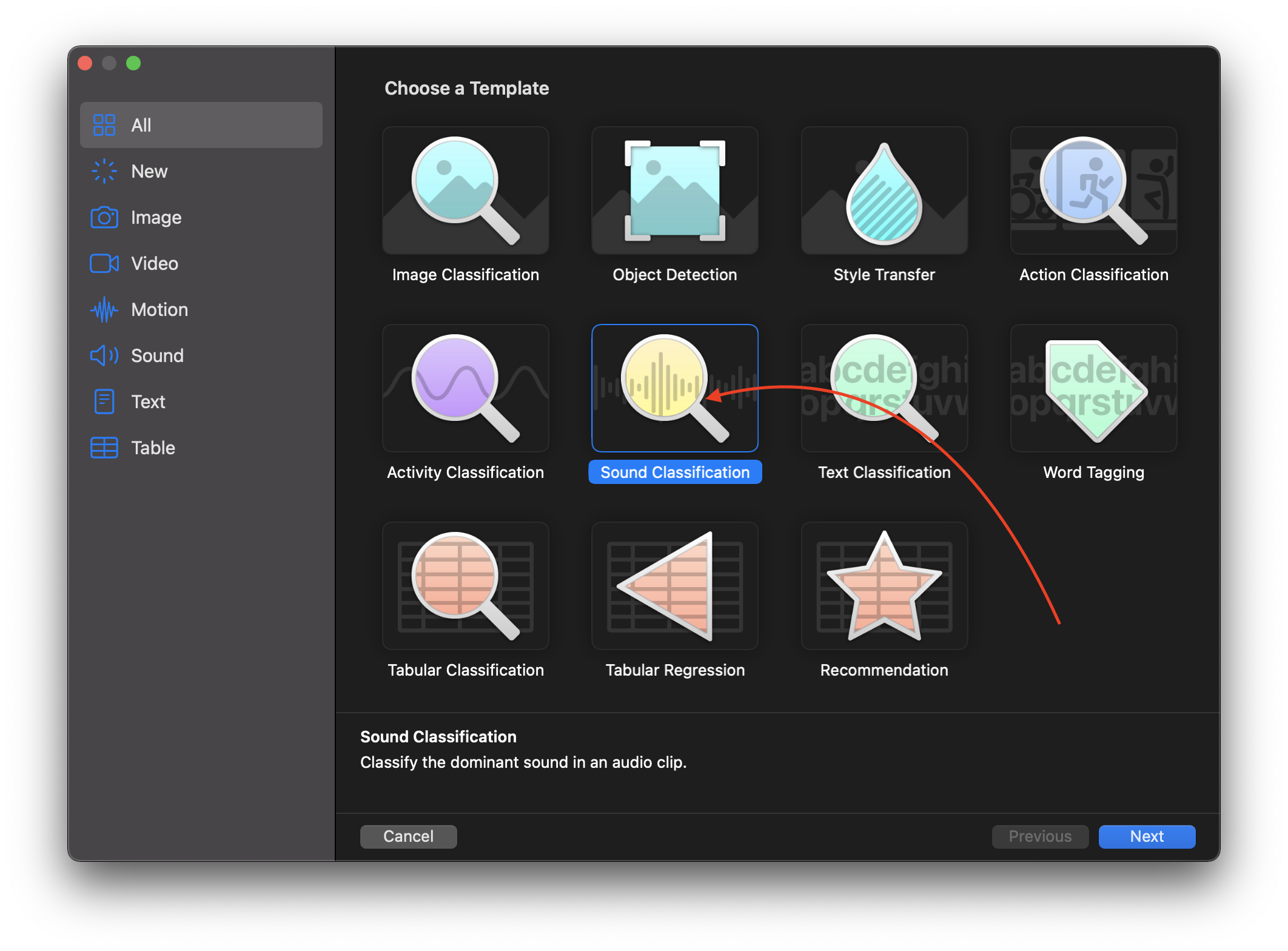 Create ML Sound Classification template